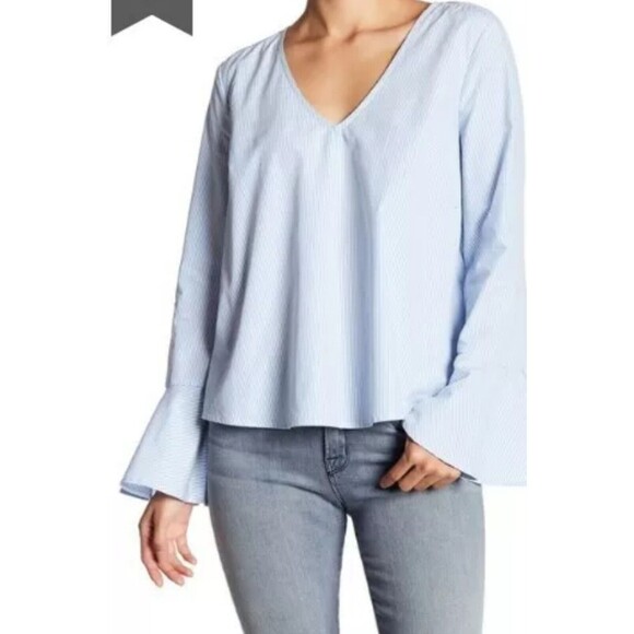 Abound Tops - Women's SMALL Flare Sleeve V-Neck Blouse Top Shirt Blue & White Pin Stripes EUC